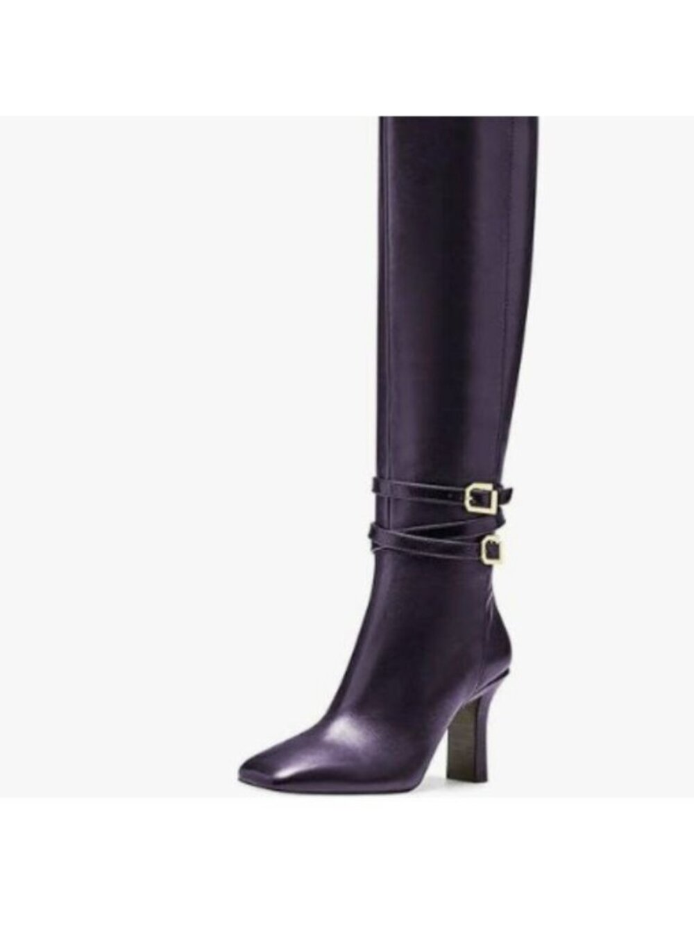 FSJ Women Fashion Knee High Long Boots Pull On Closed Toe Chunky Mid Heel Purple